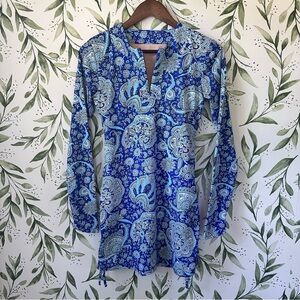 Coolibar Hokulani Ruche Swim Shirt Blue print. XXS. UPF 50+